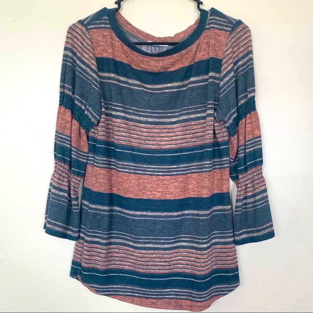 3/4 Pirate Sleeve striped coral/blue-green blouse